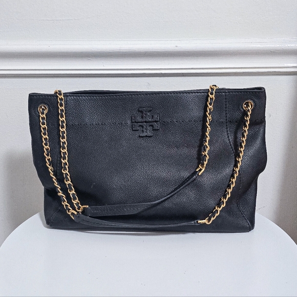 Tory Burch Mcgraw black leather chain tote shoulder bag - Picture 4 of 12